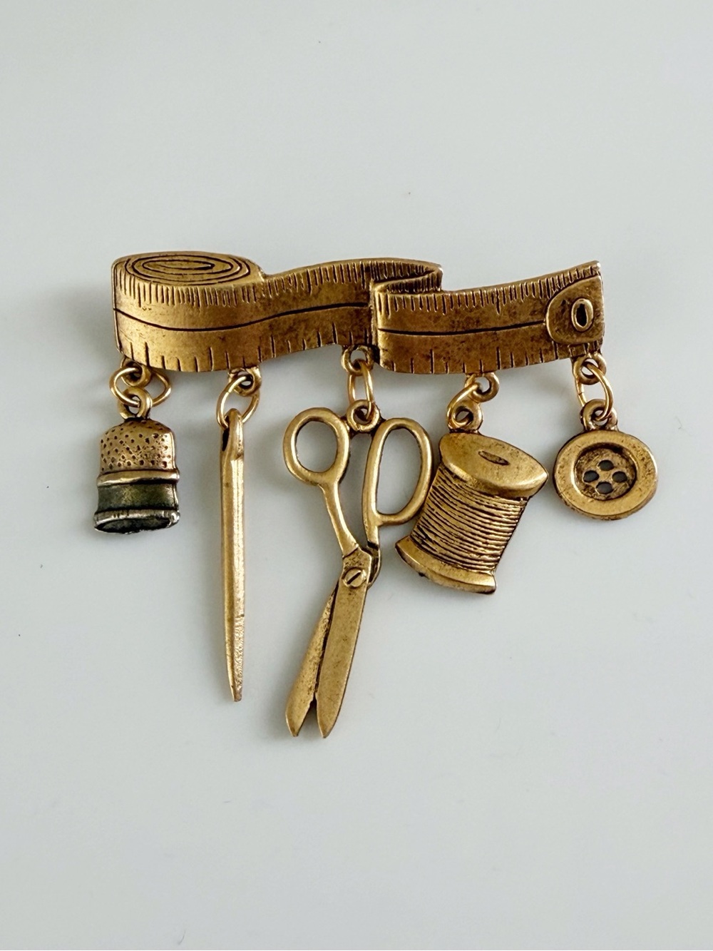 Vintage Sewing Tape & Dangle Sewing Accessories Gold Tone Brooch Pin